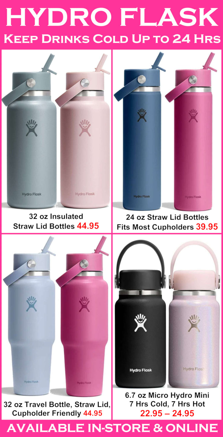 Hydro Flask bottles with various designs and capacities on a promotional poster.