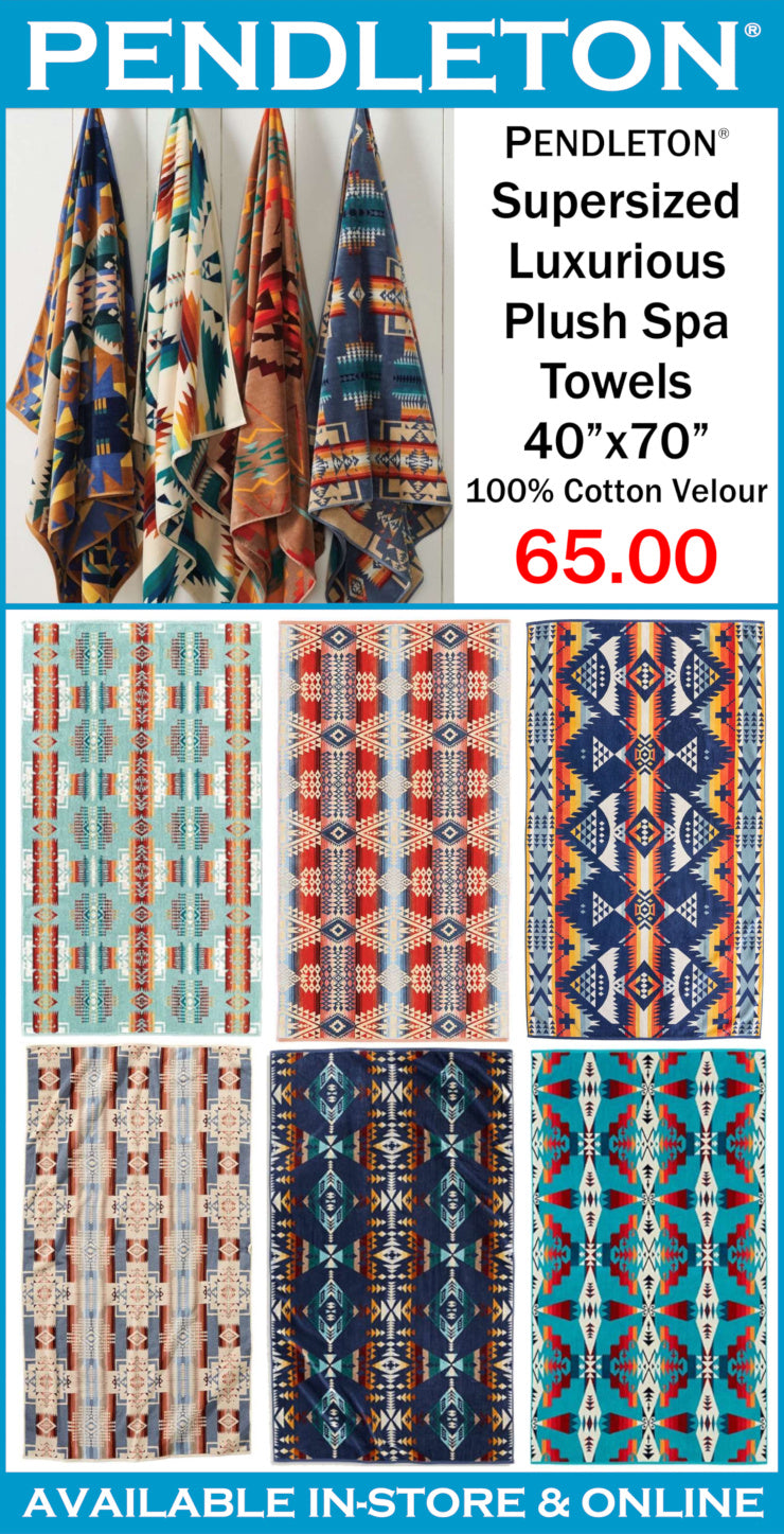 Pendleton towels with patterns and pricing information on a blue background