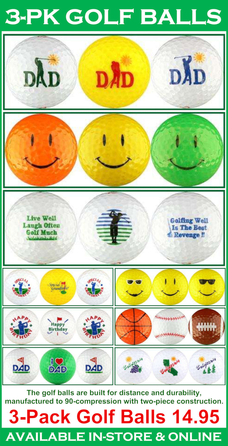 Assorted golf balls with various designs and text, including 'DAD' and smiley faces, on a white background.