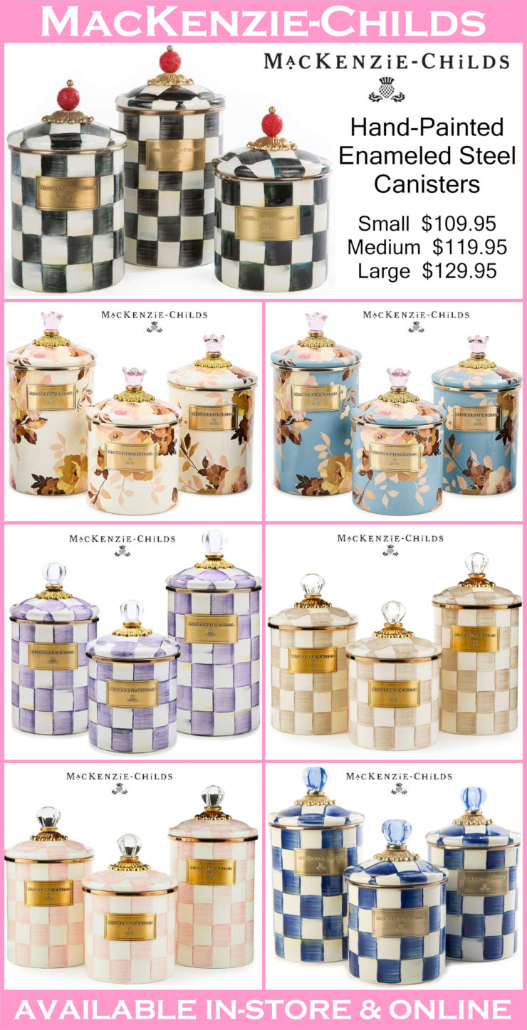 Mackenzie-Childs canister set with various designs and prices on a pink background.