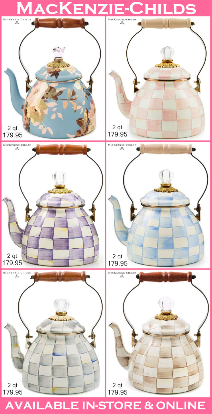 Six MacKenzie Childs ceramic teapots arranged in a 3x2 grid on a white background with pink borders.