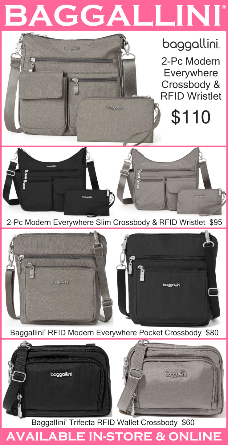 Promotional image of Baggallini handbags with pricing and availability information.