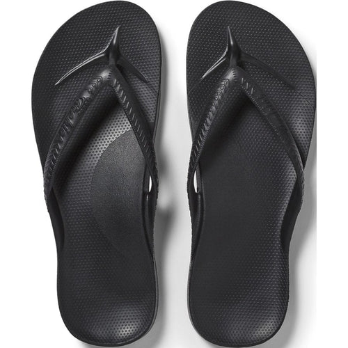 Black flip-flops with a brand logo on a white background