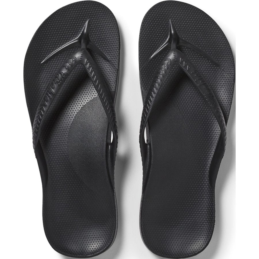 Black flip-flops with a brand logo on a white background