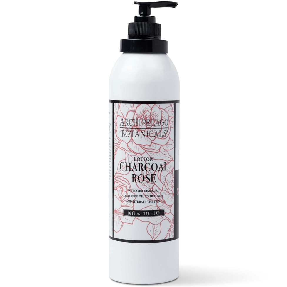 Lotion bottle with pump labeled 'Archipelago Botanicals Chargoal Rose' on a white background