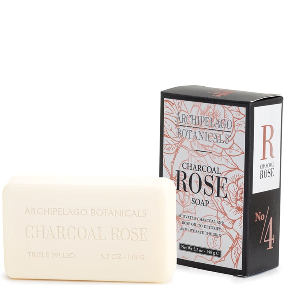 Archipelago Botanicals Charcoal Rose soap bar and packaging on a white background