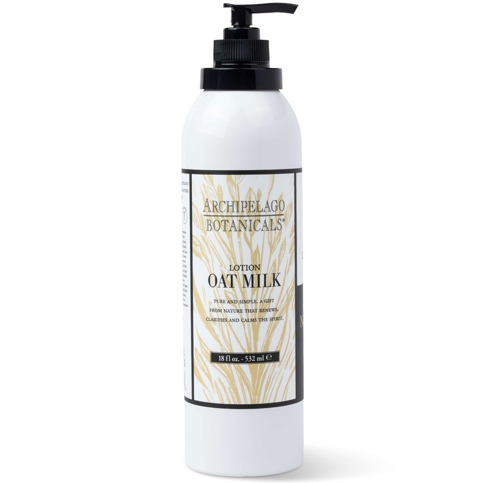 Lotion bottle labeled 'Archipelago Botanicals Oat Milk' on a white background