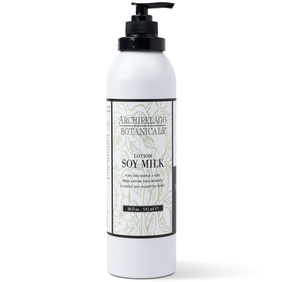 Lotion bottle labeled 'Archipelago Botanicals Soy Milk' on a white background