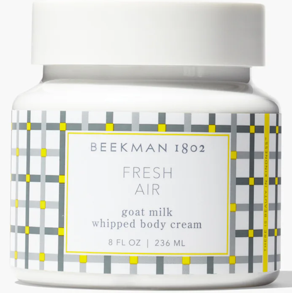 Beeckman 1802 Fresh Air goat milk whipped body cream jar with plaid design