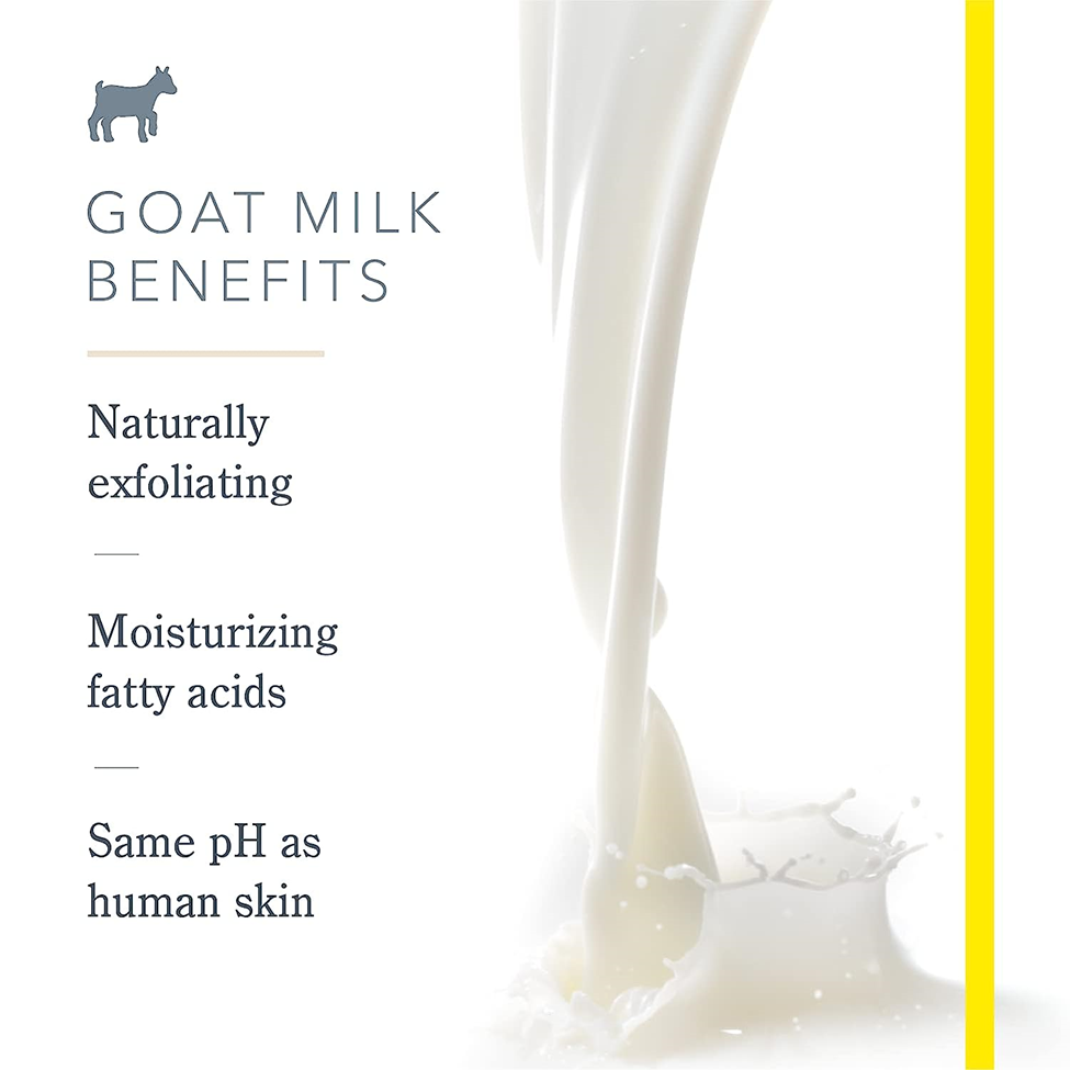 Goat milk being poured with text listing benefits on a white background