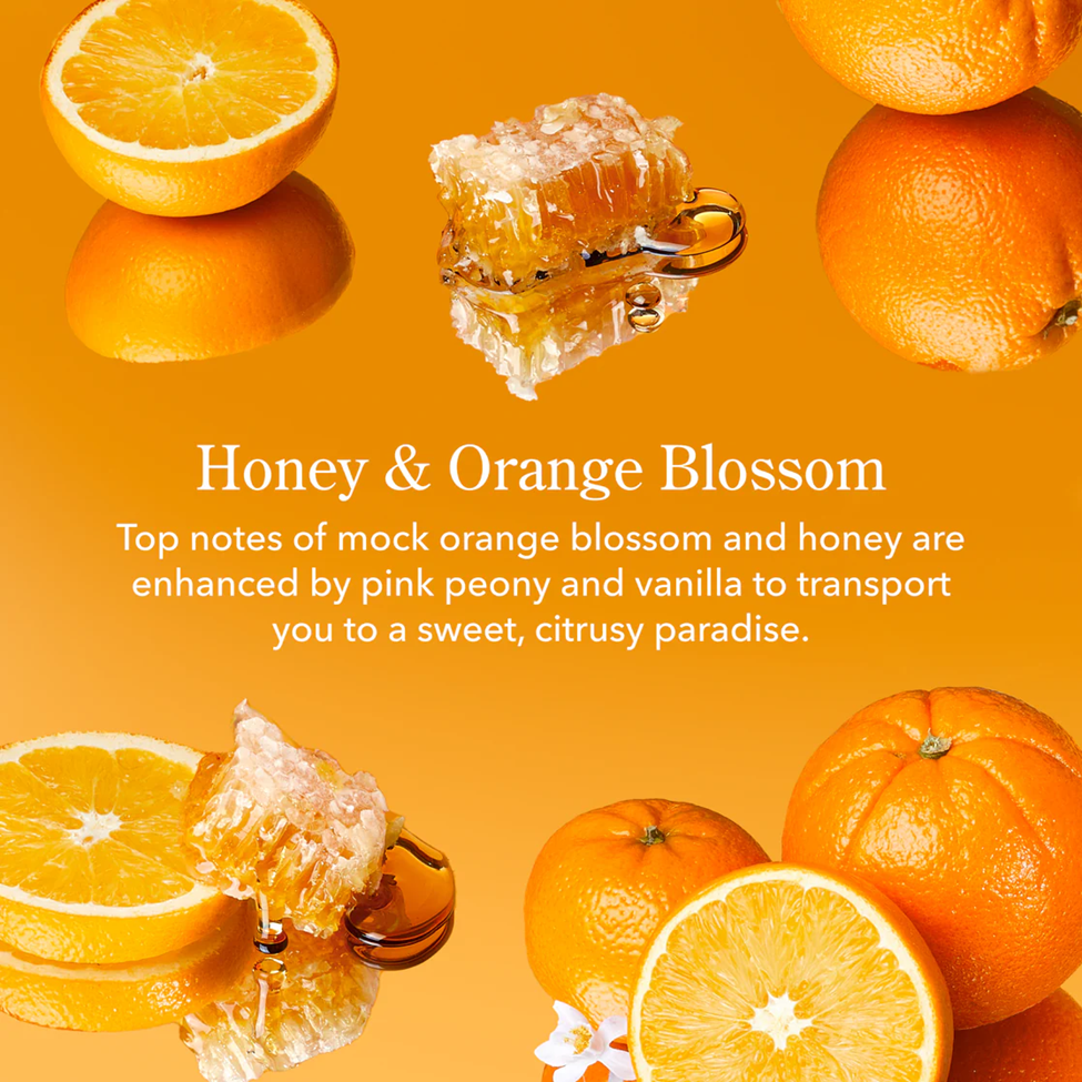 Promotional graphic for 'Honey & Orange Blossom' with oranges and honeycomb on an orange background.