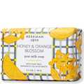Beekman 1802 Honey & Orange Blossom goat milk soap with decorative packaging on a white background