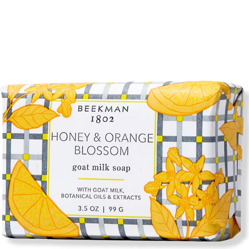Beekman 1802 Honey & Orange Blossom goat milk soap with decorative packaging on a white background
