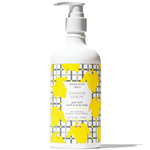 Beekman 1802 Sunshine Lemon goat milk hand and body wash bottle on a white background