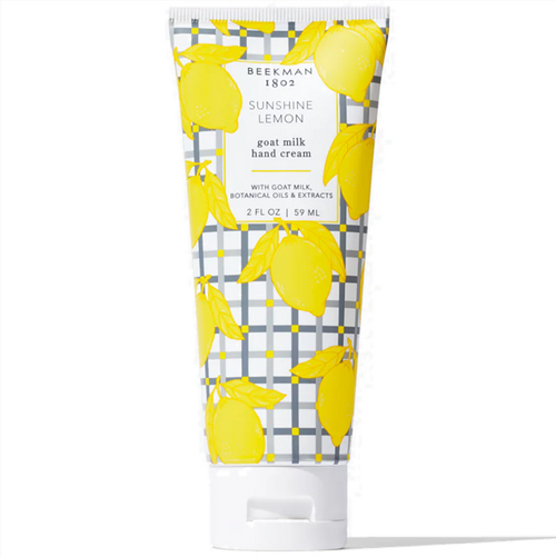 Hand cream tube with lemon design and 'Beekman 1802' branding on a white background