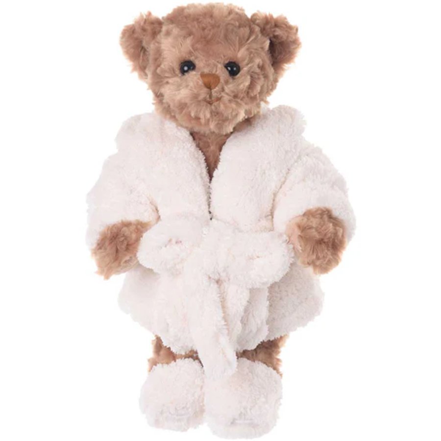 Plush teddy bear wearing a white robe on a white background