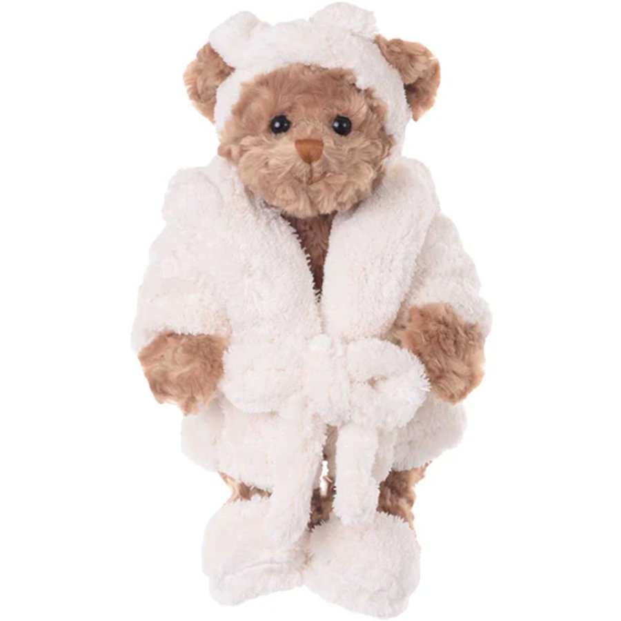 Plush teddy bear wearing a white robe on a white background