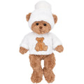 Plush teddy bear wearing a white outfit with a teddy bear design on a white background