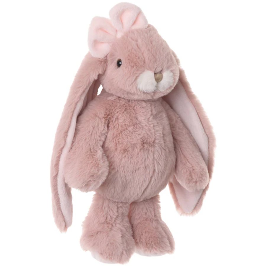 Pink plush bunny toy with a bow on a white background