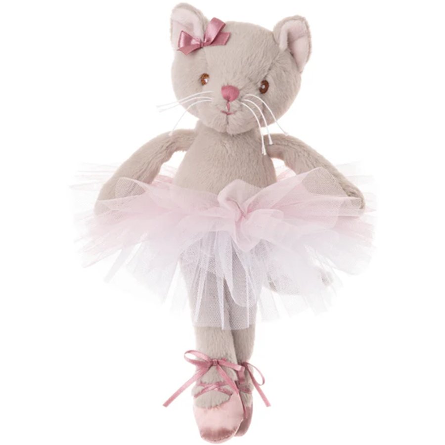 Plush toy cat in a ballerina outfit with a pink bow on a white background
