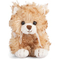 Plush toy resembling a lion with brown fur and white accents on a white background