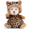 Stuffed animal toy with leopard print hoodie on a white background