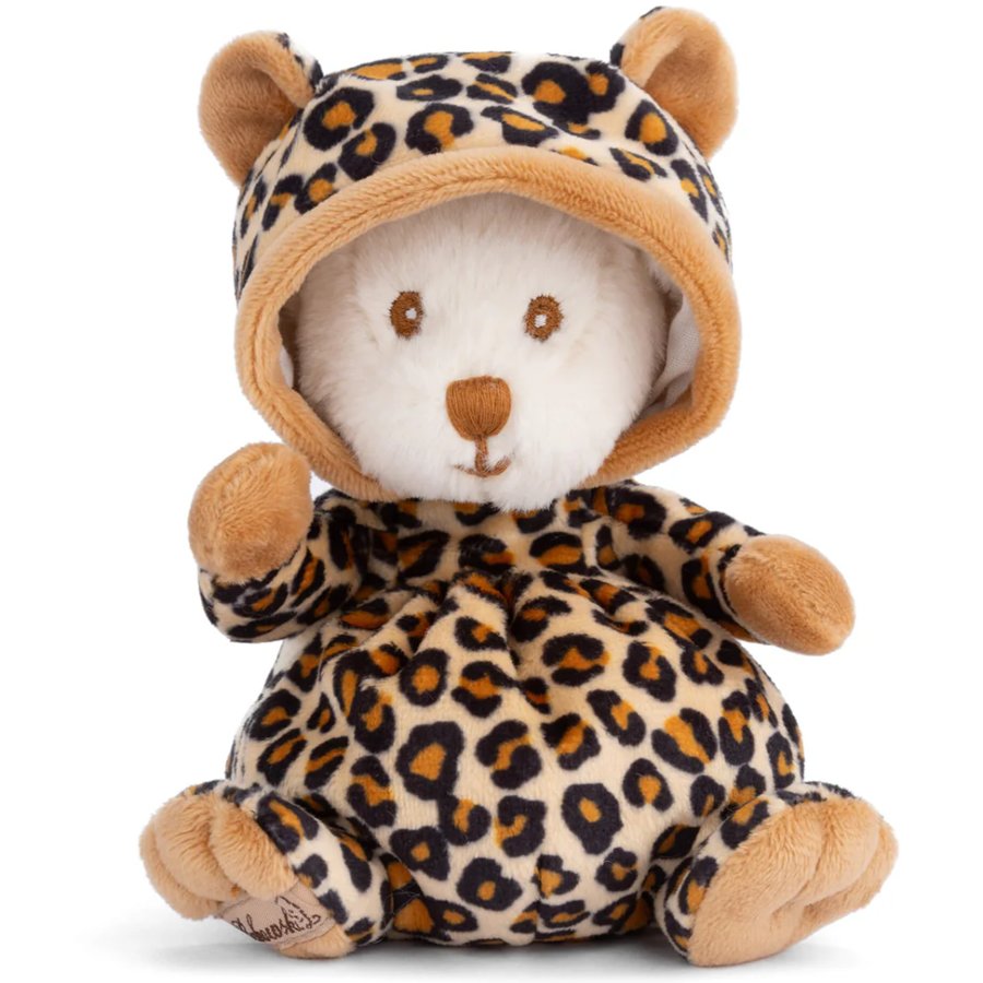 Stuffed animal toy with leopard print hoodie on a white background