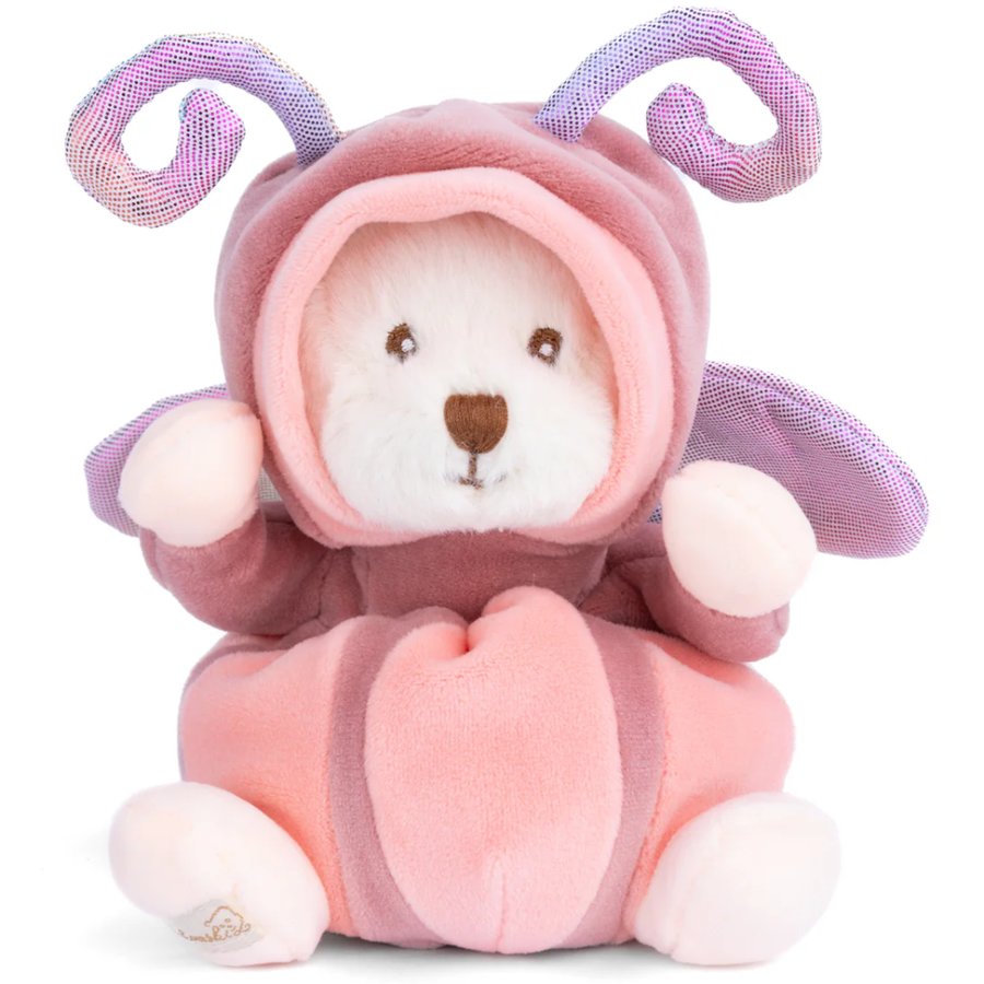 Pink plush toy with purple horns on a white background