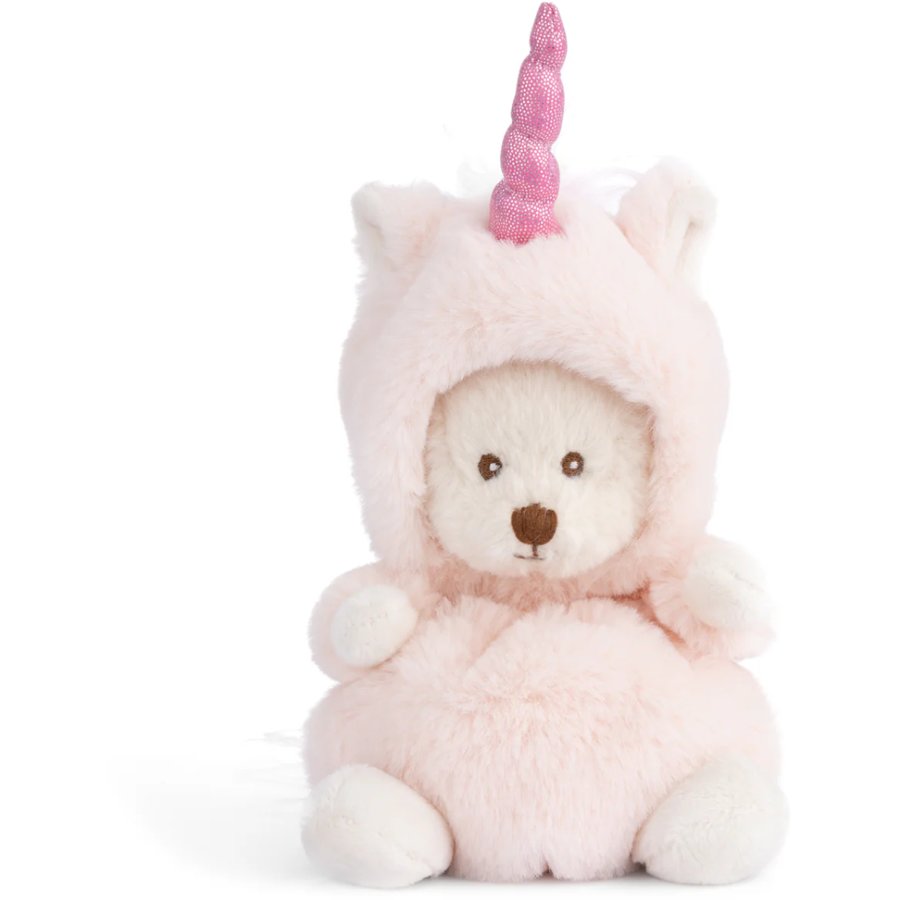 Plush toy bear wearing a unicorn costume with a pink horn on a white background