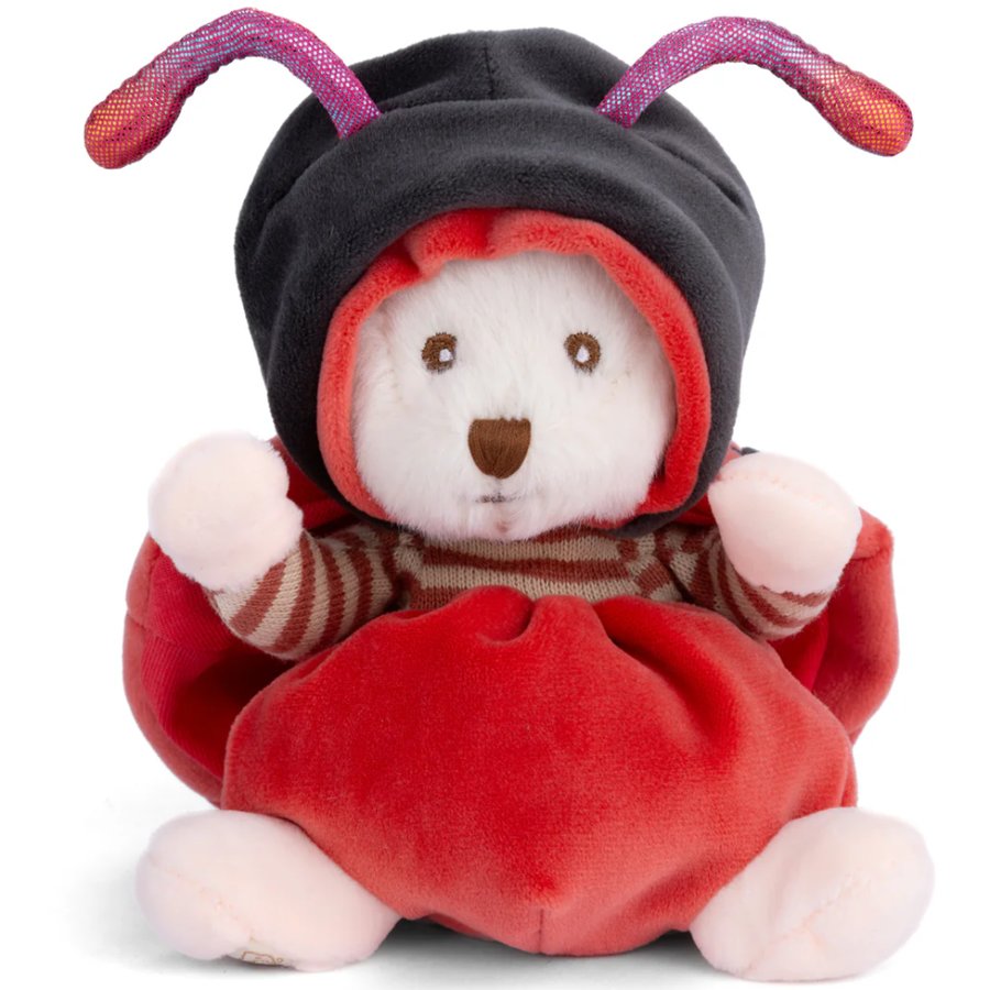 Plush toy bear in a red and black costume on a white background