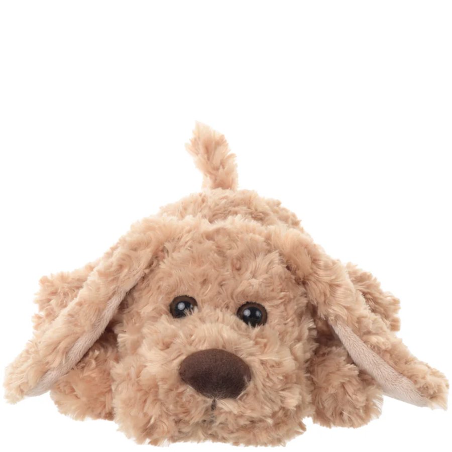 Plush dog toy with a brown face and beige body on a white background