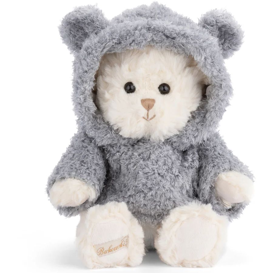 Stuffed animal in a gray hoodie with a white face on a white background
