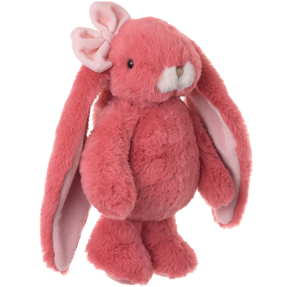 Pink plush bunny toy on a white background