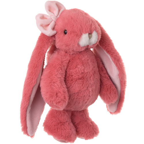 Pink plush bunny toy on a white background