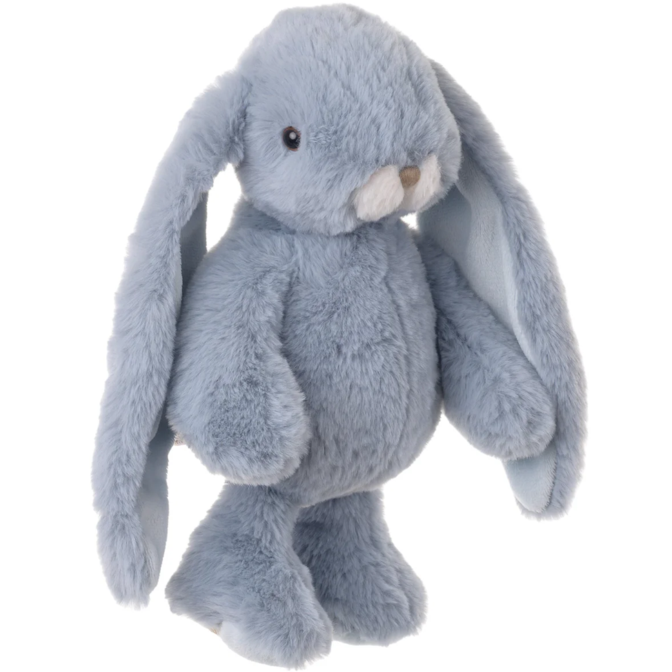 Plush blue bunny toy on a white background