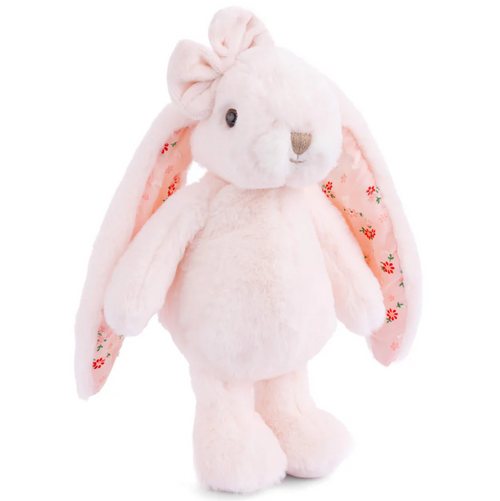 Plush bunny toy with floral ear accents on a white background