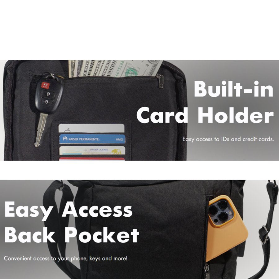 Black backpack with built-in card holder and easy access back pocket on a white background