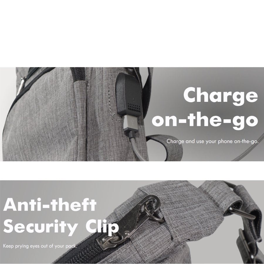 Gray backpack with anti-theft security clip and phone charging feature on a gray background.