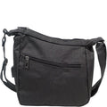 Black shoulder bag with multiple zippers on a white background