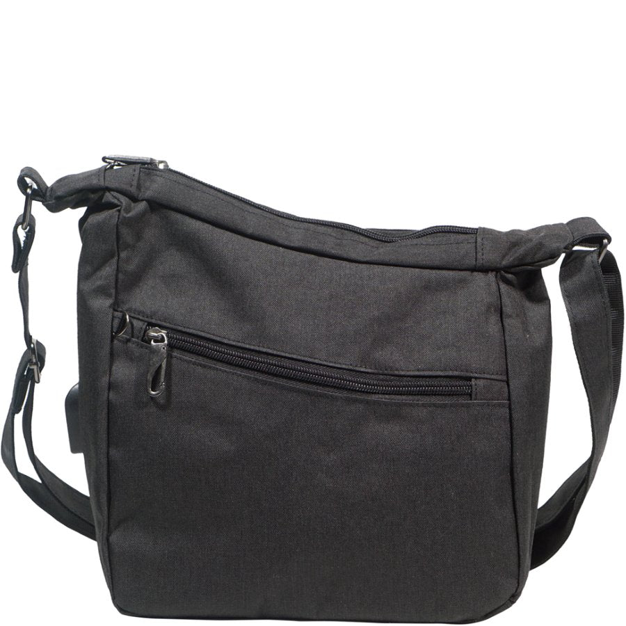 Black shoulder bag with multiple zippers on a white background