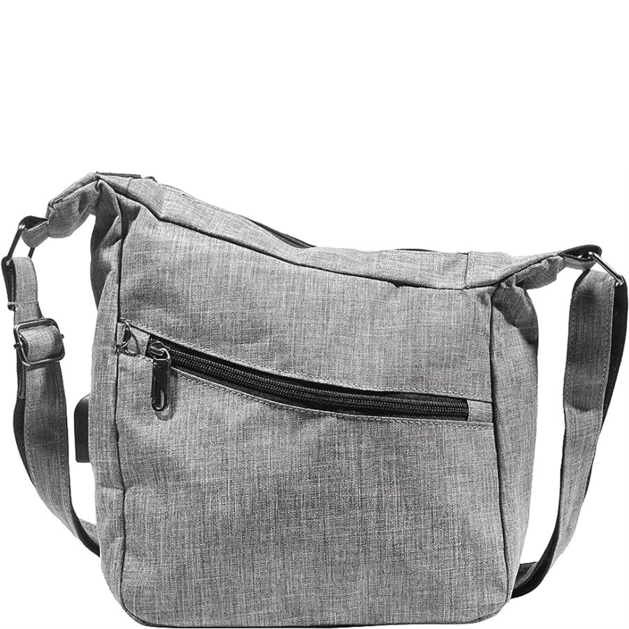 Gray shoulder bag with a strap on a white background