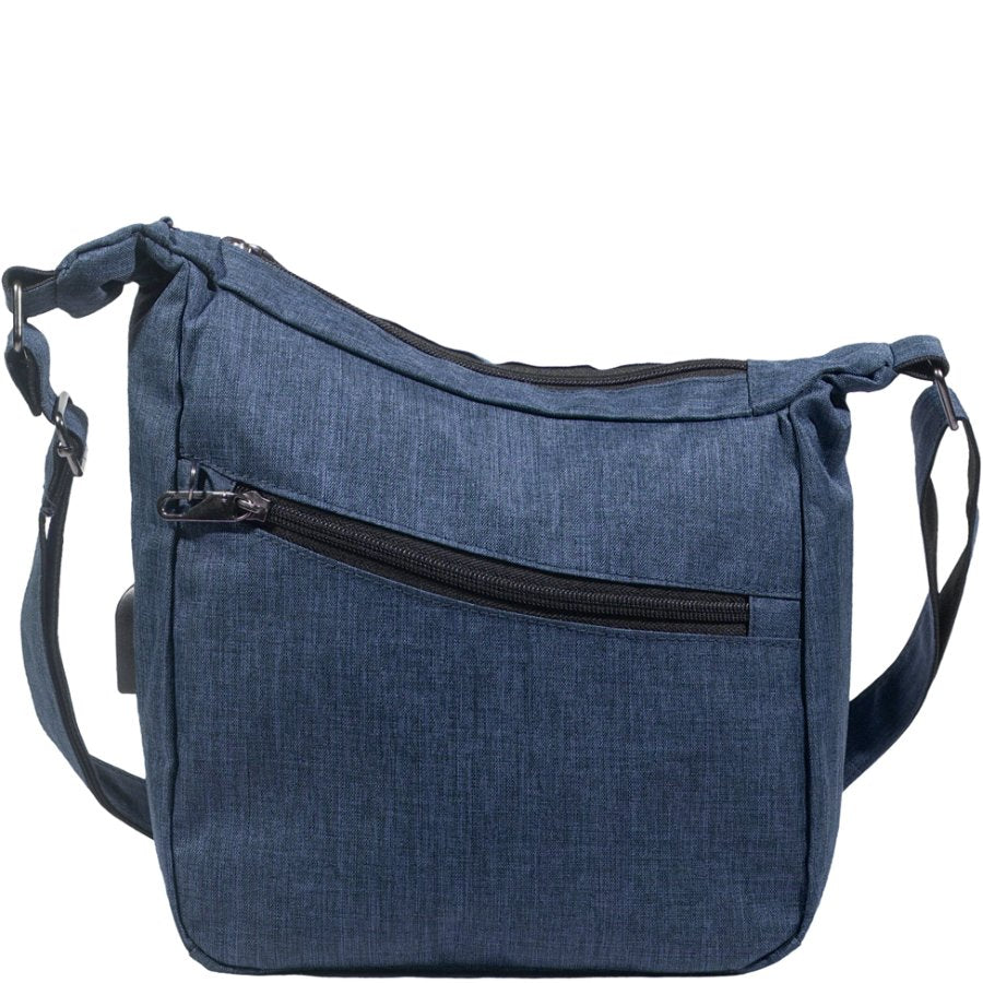 Blue denim shoulder bag with a black zipper on a white background