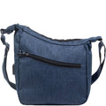 Blue denim shoulder bag with a black zipper on a white background