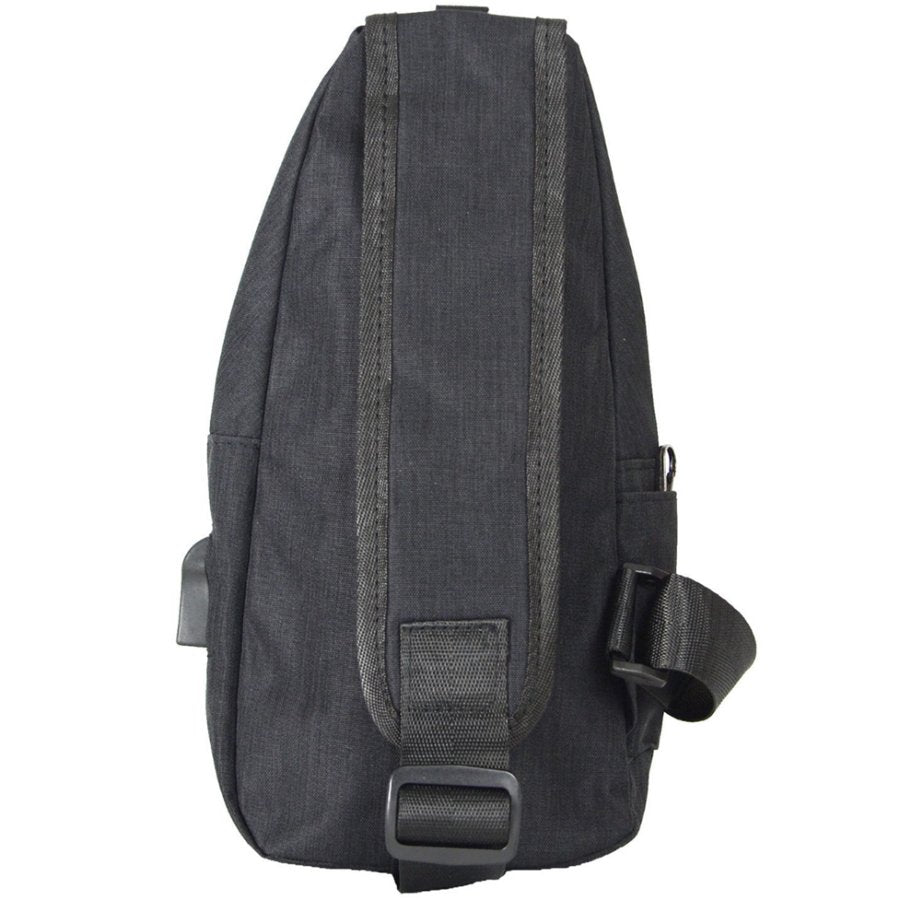 Black sling bag on a white background