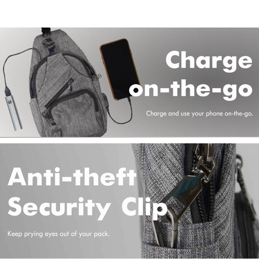 Gray backpack with phone, charging cable, and anti-theft security clip on a light gray background.
