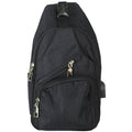 Black sling bag with zippers on a white background