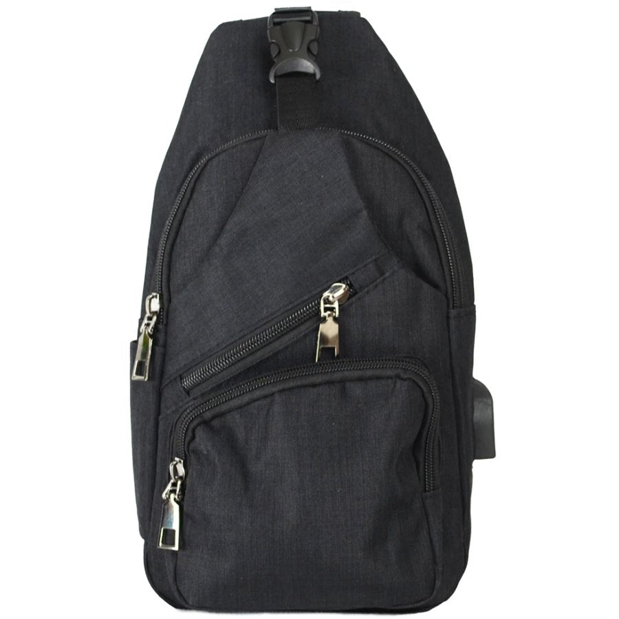 Black sling bag with zippers on a white background