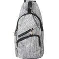 Gray sling bag with black straps and zippers on a white background
