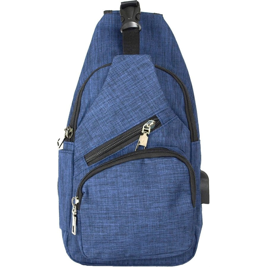 Blue sling bag with zippers on a white background