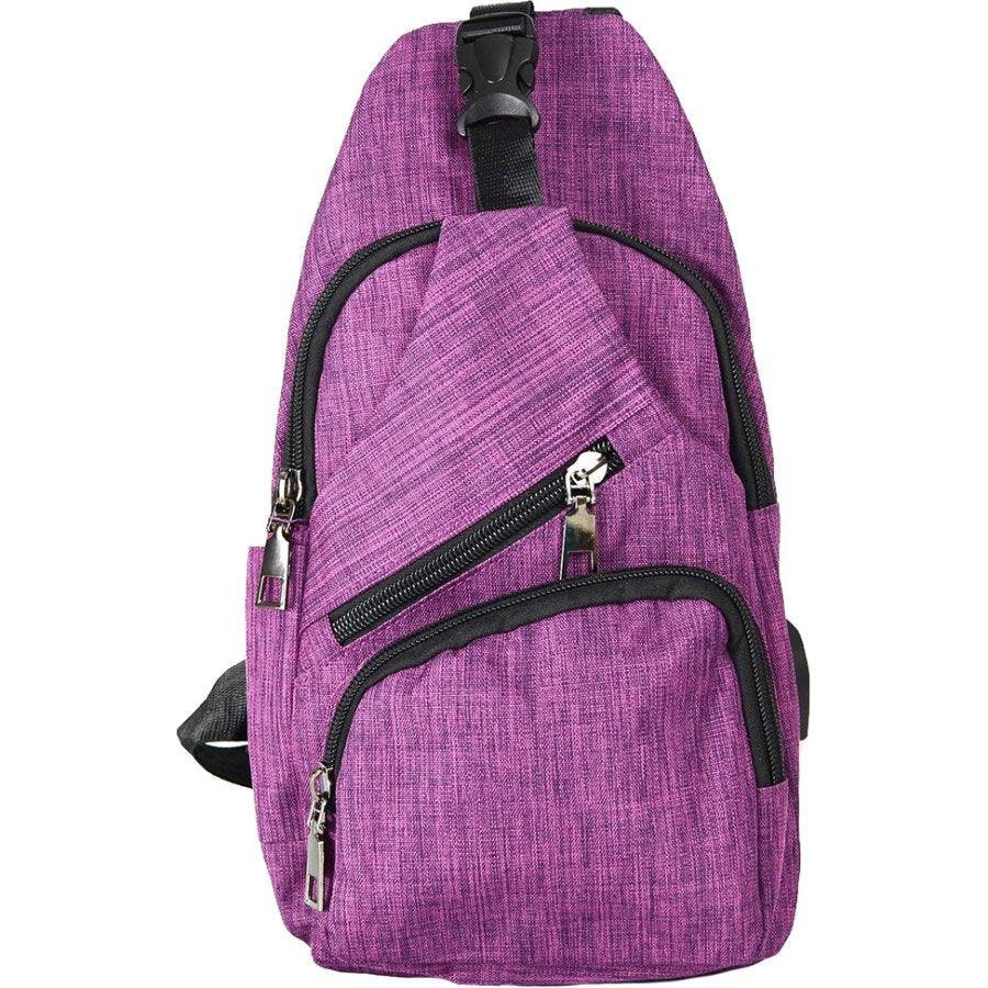 Purple sling bag with black zippers on a white background